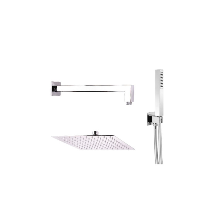 Kit doccia qadra, Composto da braccio doccia orizzontale, Soffione doccia quadro, Supporto fisso con flessibile e doccetta