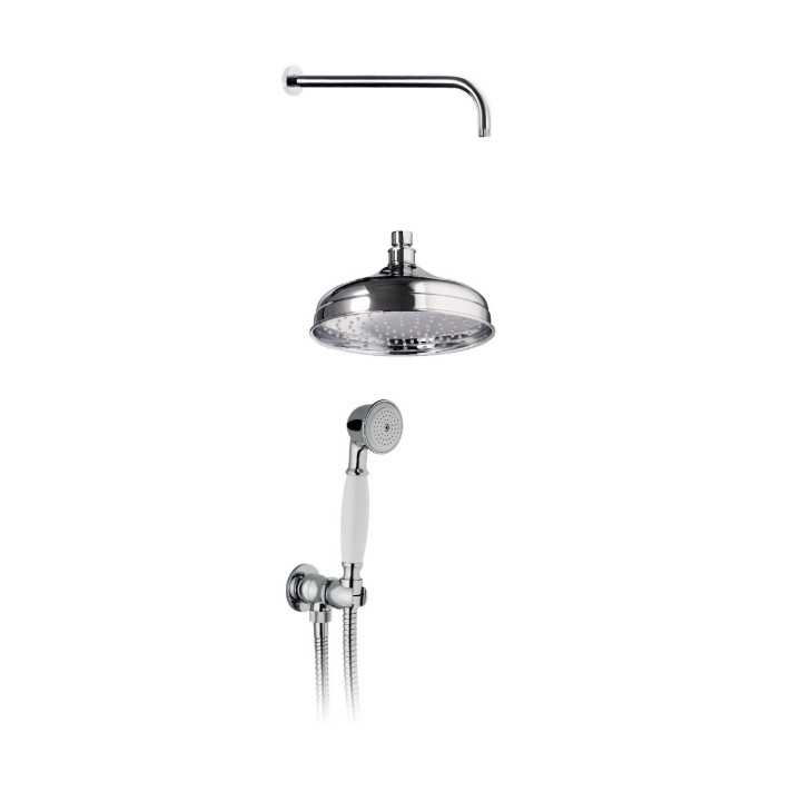 Kit doccia retrò, Composto da braccio doccia orizzontale, Soffione doccia tondo, Supporto fisso con flessibile e doccetta